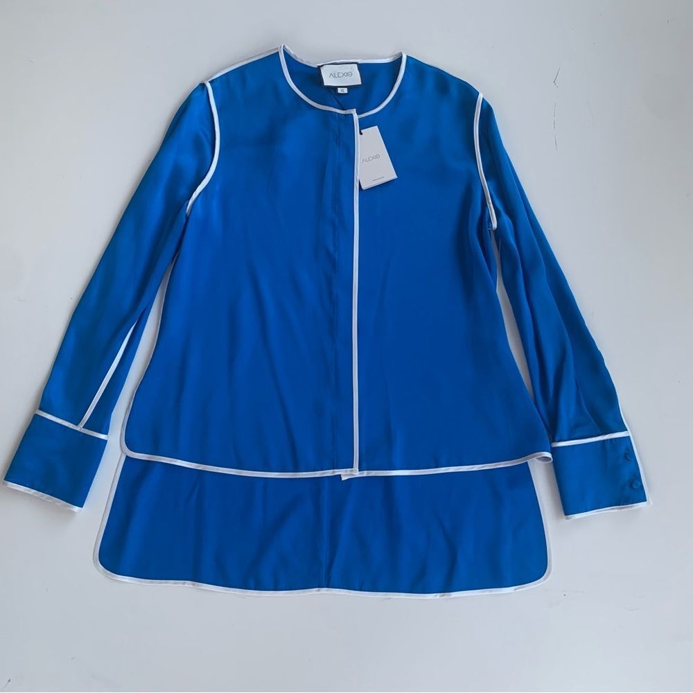 NWT Alexis Diane Blouse Women XL Blue/White Trim Long Sleeve Silk asymmetric